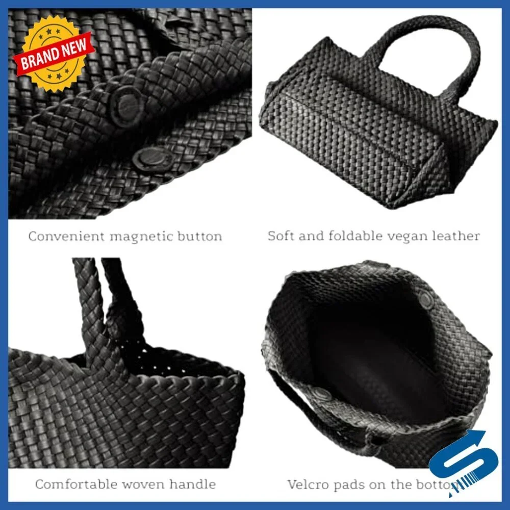 Large Woven Vegan Leather Tote Bag with Inner Zipper Pouch Elegant Boho